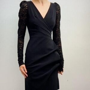 Chiara Boni La Patite Rose. Black pleated lace long sleeve bodycon midi dress.